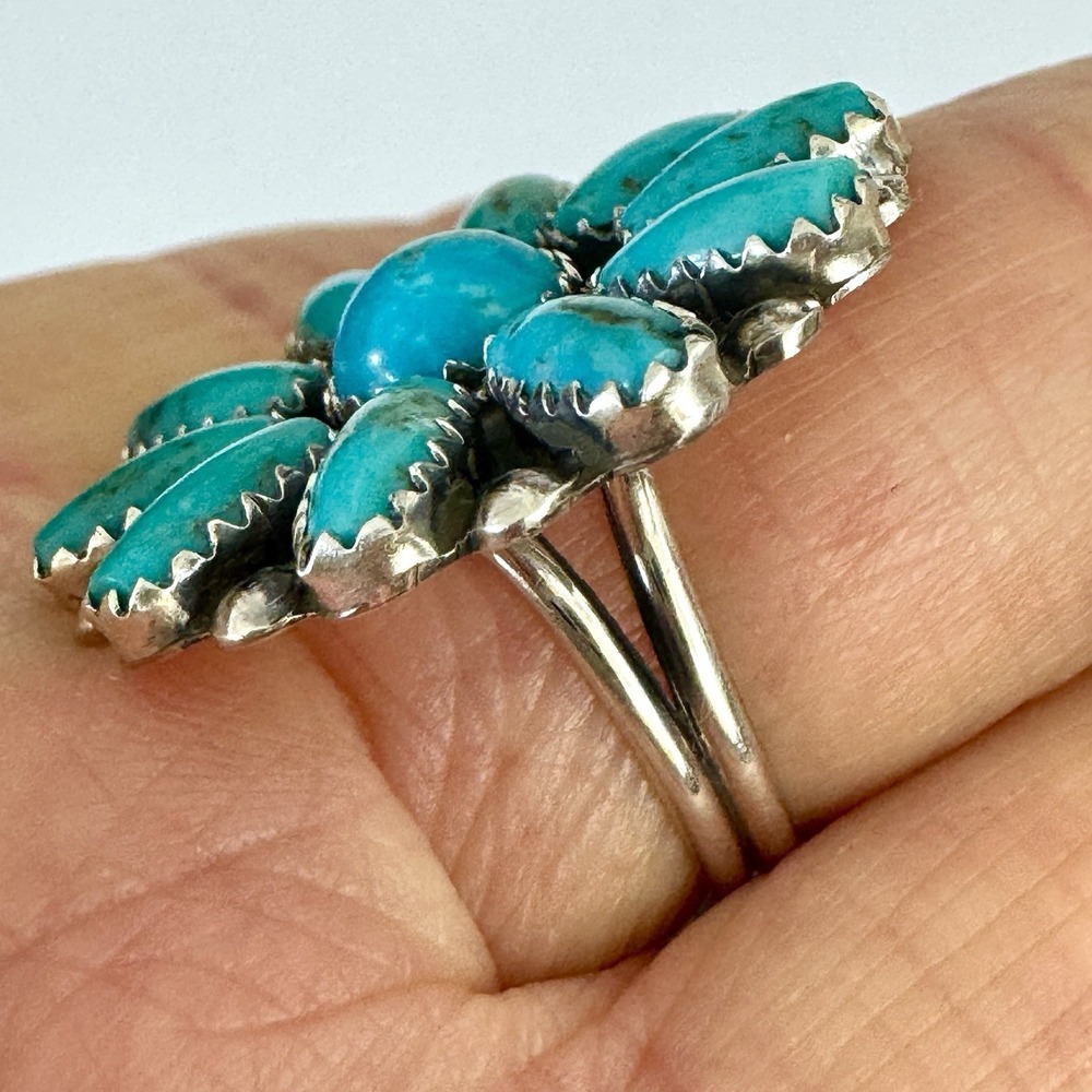 Navajo Turquoise Cluster Ring Sz 7 Sterling Signed ML Perry Native American - Picture 4 of 10